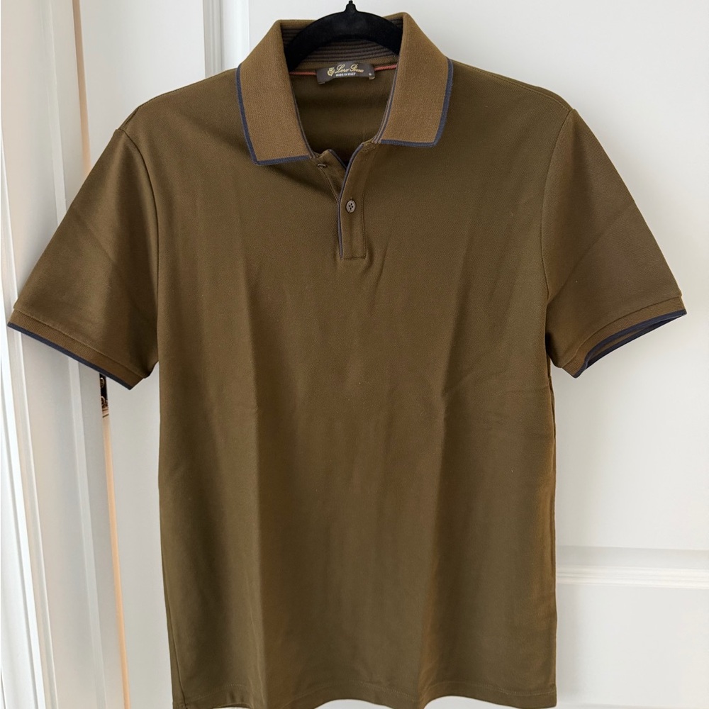 Men's Loro Piana Brentwood Polo Shirt, Olive Green w/ Navy Trim- Like New